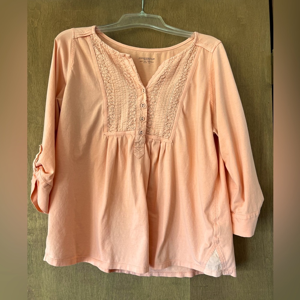 Charter Club Women’s 1X Peach Blouse Shirt 3/4 length sleeves EXCELLENT